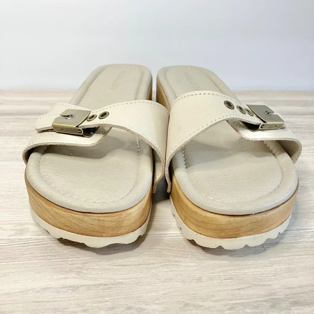 MUSSE & CLOUD Leather Sandal Slides Size 9 Platform Buckle Wedge Cream Spain